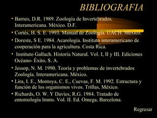 BIBLIOGRAFIA
• Barnes, D.R. 1989. Zoología de Invertebrados.
Interamericana. México. D.F.
• Cortés, H. S. E. 1993. Manual de Zoología. UACH. México.
• Doreste, S E. 1984. Acarología. Instituto interamericano de
cooperación para la agricultura. Costa Rica.
• Instituto Gallach. Historia Natural. Vol. I, II y III. Ediciones
Océano- Éxito, S. A.
• Jessop, N. M. 1990. Teoría y problemas de invertebrados
Zoología. Interamericana. México.
• Lira, I. E., Montoya, C. E., Cuevas, F. M. 1992. Estructura y
función de los organismos vivos. Trillas, México.
• Richards, O. W. Y Davies, R.G. 1984. Tratado de
entomología Imms. Vol. II. Ed. Omega, Barcelona.
Regresar
 