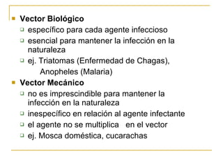 Vector Biológico específico para cada agente infeccioso esencial para mantener la infección en la naturaleza ej. Triatomas (Enfermedad de Chagas), Anopheles (Malaria)  Vector Mecánico   no es imprescindible para mantener la infección en la naturaleza  inespecífico en relación al agente infectante  el agente no se multiplica  en el vector  ej. Mosca doméstica, cucarachas  