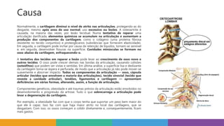 Causa
Normalmente, a cartilagem diminui o nível de atrito nas articulações, protegendo-as do
desgaste, mesmo após anos de uso normal, uso excessivo ou lesões. A osteoartrite é
causada, na maioria das vezes, por lesão tecidual. Numa tentativa de reparar uma
articulação danificada, elementos químicos se acumulam na articulação e aumentam a
produção dos componentes da cartilagem, como o colágeno (uma proteína fibrosa
resistente no tecido conjuntivo) e proteoglicanos (substâncias que fornecem elasticidade).
Em seguida, a cartilagem pode inchar por causa da retenção de líquidos, tornam-se sensível
e, em seguida, desenvolver fissuras na superfície. Cavidades minúsculas se formam no
osso abaixo da cartilagem, enfraquecendo-o.
A tentativa dos tecidos em reparar a lesão pode levar ao crescimento de osso novo e
outros tecidos. O osso pode crescer demais nas bordas da articulação, causando colisões
(osteófitos) que podem ser vistas e sentidas. Em última análise, a superfície lisa e deslizante
da cartilagem torna-se áspera e perfurada, de modo que a articulação já não pode mover-se
suavemente e absorver impacto. Todos os componentes da articulação — osso, cápsula
articular (tecidos que envolvem a maioria das articulações), tecido sinovial (tecido que
reveste a cavidade articular), tendões, ligamentos e cartilagem — apresentam
deficiências em várias formas, alterando, assim, a função de articulação.
Componentes genéticos, obesidade e até traumas prévios da articulação estão envolvidos no
desenvolvimento e progressão da artrose. Tudo o que sobrecarrega a articulação pode
levar a degeneração da cartilagem.
Por exemplo, a obesidade faz com que o corpo tenha que suportar um peso bem maior do
que ele é capaz. Isso faz com que haja maior atrito no local das cartilagens, que se
desgastam. Com isso, os ossos começam a colidir diretamente e, consequentemente, ficam
mais gastos.
 