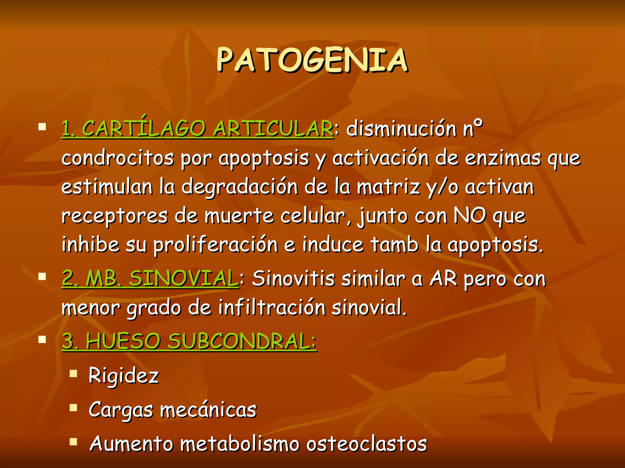 PATOGENIA 1. CARTÍLAGO ARTICULAR : disminución nº condrocitos por apoptosis y activación de enzimas que estimulan la degradación de la matriz y/o activan receptores de muerte celular, junto con NO que inhibe su proliferación e induce tamb la apoptosis. 2. MB. SINOVIAL : Sinovitis similar a AR pero con menor grado de infiltración sinovial. 3. HUESO SUBCONDRAL:   Rigidez Cargas mecánicas Aumento metabolismo osteoclastos 