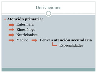 Derivaciones
 Atención primaria:
Enfermera
Kinesiólogo
Nutricionista
Médico Deriva a atención secundaria
Especialidades
 