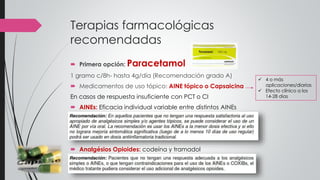 Terapias farmacológicas
recomendadas
 Primera opción: Paracetamol
1 gramo c/8h- hasta 4g/día (Recomendación grado A)
 Medicamentos de uso tópico: AINE tópico o Capsaicina
En casos de respuesta insuficiente con PCT o CI
 AINEs: Eficacia individual variable entre distintos AINEs
 Analgésios Opioides: codeína y tramadol
 4 o más
aplicaciones/diarias
 Efecto clínico a los
14-28 días
 