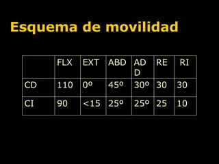 Esquema de movilidad FLX EXT ABD ADD RE RI CD 110 0º 45º 30º 30 30 CI 90 <15 25º 25º 25 10 