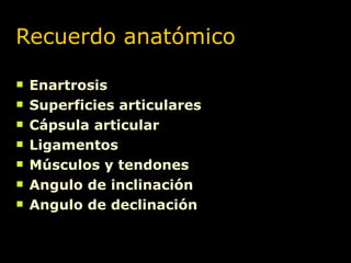 Recuerdo anatómico Enartrosis Superficies articulares Cápsula articular Ligamentos Músculos y tendones Angulo de inclinación Angulo de declinación 