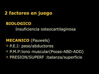 2 factores en juego BIOLOGICO   Insuficiencia osteocartilaginosa MECANICO   (Pauwels) P.E.I: peso/abductores P.M.P:tono muscular(Psoas-ABD-ADD) PRESION/SUPERF :balanza/superficie 