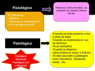 Fisiológico                   Hasta los 2 años de edad , se
                                  compaña de rotación interna
                                              del pie
El + frecuente
• Bilateral
• Hasta los 30 meses aproxim.
• 6 cm de separación CIF


                                •Cuando persiste posterior a los
                                2 años de edad
                                •Cuando se incrementa en vez
    Patológico                  de disminuir
                                •Si es asimétrico
                                •Cuando la distancia
                                intercondilea es mayor a 5-6cms
      Fisiológico               •Si esta asociado a patologías
      (bilateral)               como raquitismo , displasias
    Patológico (uni             óseas , etc.
      o bilateral)
 