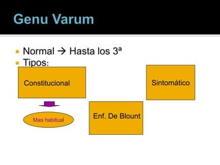    Normal  Hasta los 3ª
   Tipos:

    Constitucional                    Sintomático



      Mas habitual
                     Enf. De Blount
 