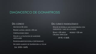 DIAGNOSTICO DE GONARTROSIS
DG CLÍNICO
 MAYOR DE 50 AÑOS
 RIGIDEZ MATINAL MENOR A 30 MIN
 CREPITACIONES OSEAS
 DOLOR A LA PALPACION DE MARGENES
ARTICULARES
 ENGROSAMIENTODE RODILLA (DEFORMIDAD)
 NO EXISTE AUMENTO DE TEMPERATURA AL TOCAR
3/6 S95% Y E69%
DG CLÍNICO RADIOLÓGICO
 DOLOR DE RODILLA MAS RADIOGRAFIA CON
OSTEOFITOS Y UNO DE LOS SGTES
 EDAD > 50 AÑOS RIGIDEZ < 30 MIN
CRUJIDO ARTICULAR
S91% Y E 86%
 