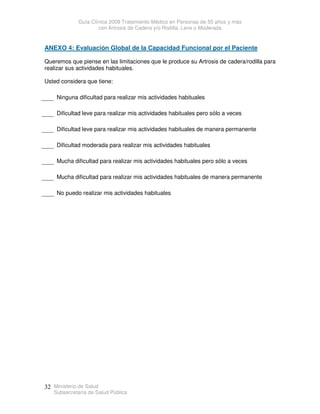 Guía Clínica 2009 Tratamiento Médico en Personas de 55 años y más
con Artrosis de Cadera y/o Rodilla, Leve o Moderada
Ministerio de Salud
Subsecretaría de Salud Pública
32
ANEXO 4: Evaluación Global de la Capacidad Funcional por el Paciente
Queremos que piense en las limitaciones que le produce su Artrosis de cadera/rodilla para
realizar sus actividades habituales.
Usted considera que tiene:
Ninguna dificultad para realizar mis actividades habituales
Dificultad leve para realizar mis actividades habituales pero sólo a veces
Dificultad leve para realizar mis actividades habituales de manera permanente
Dificultad moderada para realizar mis actividades habituales
Mucha dificultad para realizar mis actividades habituales pero sólo a veces
Mucha dificultad para realizar mis actividades habituales de manera permanente
No puedo realizar mis actividades habituales
 