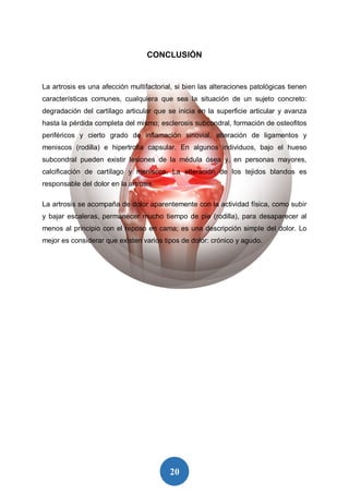 20
CONCLUSIÓN
La artrosis es una afección multifactorial, si bien las alteraciones patológicas tienen
características comunes, cualquiera que sea la situación de un sujeto concreto:
degradación del cartílago articular que se inicia en la superficie articular y avanza
hasta la pérdida completa del mismo; esclerosis subcondral, formación de osteofitos
periféricos y cierto grado de inflamación sinovial, alteración de ligamentos y
meniscos (rodilla) e hipertrofia capsular. En algunos individuos, bajo el hueso
subcondral pueden existir lesiones de la médula ósea y, en personas mayores,
calcificación de cartílago y meniscos. La alteración de los tejidos blandos es
responsable del dolor en la artrosis.
La artrosis se acompaña de dolor aparentemente con la actividad física, como subir
y bajar escaleras, permanecer mucho tiempo de pie (rodilla), para desaparecer al
menos al principio con el reposo en cama; es una descripción simple del dolor. Lo
mejor es considerar que existen varios tipos de dolor: crónico y agudo.
 
