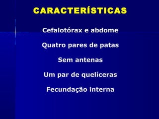 CARACTERÍSTICAS

 Cefalotórax e abdome

 Quatro pares de patas

     Sem antenas

 Um par de quelíceras

  Fecundação interna
 