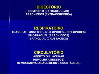 DIGESTÓRIO
         COMPLETO (EXTRACELULAR)
        ARACNÍDEOS (EXTRACORPÓREA)




             RESPIRATÓRIO
TRAQUEAL (INSETOS – QUILÓPODES – DIPLÓPODES)
         FILOTRAQUEL (ARACNÍDEOS)
          BRANQUIAL (CRUSTÁCEOS)




             CIRCULATÓRIO
            ABERTO OU LACUNAR
            HEMOLINFA (INSETOS)
   HEMOCIANINA (ARACNÍDEOS E CRUSTÁCEOS)
 