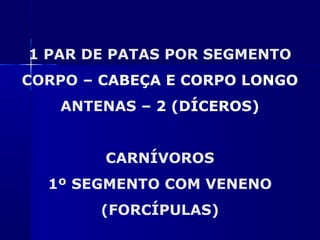 1 PAR DE PATAS POR SEGMENTO
CORPO – CABEÇA E CORPO LONGO
   ANTENAS – 2 (DÍCEROS)


        CARNÍVOROS
  1º SEGMENTO COM VENENO
        (FORCÍPULAS)
 