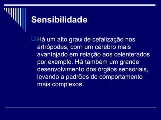 Sensibilidade

 Há um alto grau de cefalização nos
  artrópodes, com um cérebro mais
  avantajado em relação aos celenterados
  por exemplo. Há também um grande
  desenvolvimento dos órgãos sensoriais,
  levando a padrões de comportamento
  mais complexos.
 