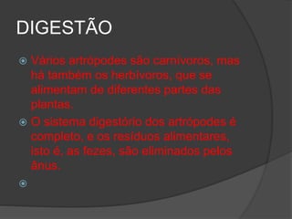 DIGESTÃO
 Vários artrópodes são carnívoros, mas
há também os herbívoros, que se
alimentam de diferentes partes das
plantas.
 O sistema digestório dos artrópodes é
completo, e os resíduos alimentares,
isto é, as fezes, são eliminados pelos
ânus.

 
