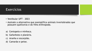 Exercícios
• Vestibular UFT – 2023
• Assinale a alternativa que exemplifica animais invertebrados que
possuem quelíceras e do filho Arthropoda.
a) Centopeia e minhoca.
b) Gafanhoto e planária.
c) Aranha e escorpião.
d) Camarão e peixe.
 