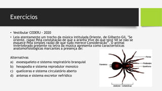 Exercícios
• Vestibular CEDERJ - 2020
• Leia atentamente um trecho da música intitulada Oriente, de Gilberto Gil. "Se
oriente, rapaz Pela constatação de que a aranha Vive do que tece Vê se não se
esquece Pela simples razão de que tudo merece Consideração”. O animal
invertebrado presente na letra da música apresenta como características
anatomofisiológicas marcantes a presença de:
Alternativas
a) exoesqueleto e sistema respiratório branquial
b) hexapodia e sistema reprodutor monoico
c) quelíceras e sistema circulatório aberto
d) antenas e sistema excretor nefrídico
 