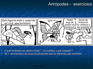 Artrópodes
Artrópodes - exercíciosArtrópodes - exercícios
 A qual fenômeno se refere a frase “...Eu conheço o seu passado”?A qual fenômeno se refere a frase “...Eu conheço o seu passado”?
 Dê 1 característica do corpo do artrópodes que os diferencie das minhocas.Dê 1 característica do corpo do artrópodes que os diferencie das minhocas.
 