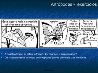 Artrópodes -  exercícios A qual fenômeno se refere a frase “...Eu conheço o seu passado”? Dê 1 característica do corpo do artrópodes que os diferencie das minhocas. 