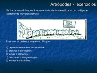 Artrópodes -  exercícios Na tira de quadrinhos, está representado, de forma estilizada, um miriápode (portador de inúmeras pernas). Esse animal pertence ao mesmo filo que: a) pepinos-do-mar e ouriços-do-mar. b) aranhas e carrapatos. c) tênias e planárias. d) minhocas e sanguessugas. e) lesmas e mexilhões. 