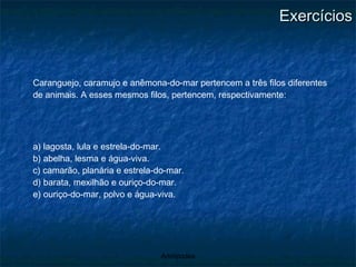 Exercícios Caranguejo, caramujo e anêmona-do-mar pertencem a três filos diferentes de animais. A esses mesmos filos, pertencem, respectivamente: a) lagosta, lula e estrela-do-mar. b) abelha, lesma e água-viva. c) camarão, planária e estrela-do-mar. d) barata, mexilhão e ouriço-do-mar. e) ouriço-do-mar, polvo e água-viva. 