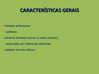 sistema ambulacral;
 acéfalos;
simetria bilateral (larva) e radial (adulto);
 respiração por brânquias dérmicas;
sistema nervoso difuso;
CARACTERÍSTICAS GERAISCARACTERÍSTICAS GERAIS
 