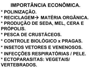 IMPORTÂNCIA ECONÔMICA. * POLINIZAÇÃO. * RECICLAGEM   MATÉRIA ORGÂNICA. * PRODUÇÃO DE SEDA, MEL, CERA E PRÓPOLIS. * CONTROLE BIOLÓGICO x PRAGAS. * PESCA DE CRUSTÁCEOS. * INSETOS VETORES E VENENOSOS. * INFECÇÕES RESPIRATÓRIAS / PELE. * ECTOPARASITAS: VEGETAIS/ VERTEBRADOS. 