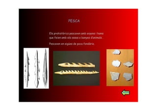 PESCA


Els prehistòrics pescaven amb arpons i hams
que feien amb els ossos o banyes d‛animals .

Pescaven en aigües de poca fondària.




                                               Esquema
 