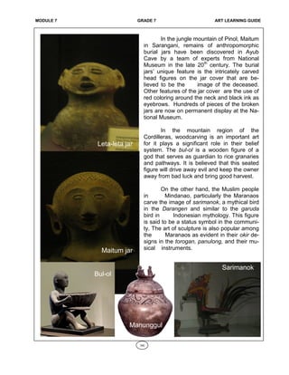 MODULE 7 GRADE 7 ART LEARNING GUIDE
In the jungle mountain of Pinol, Maitum
in Sarangani, remains of anthropomorphic
burial jars have been discovered in Ayub
Cave by a team of experts from National
Museum in the late 20th
century. The burial
jars’ unique feature is the intricately carved
head figures on the jar cover that are be-
lieved to be the image of the deceased.
Other features of the jar cover are the use of
red coloring around the neck and black ink as
eyebrows. Hundreds of pieces of the broken
jars are now on permanent display at the Na-
tional Museum.
In the mountain region of the
Cordilleras, woodcarving is an important art
for it plays a significant role in their belief
system. The bul-ol is a wooden figure of a
god that serves as guardian to rice granaries
and pathways. It is believed that this seated
figure will drive away evil and keep the owner
away from bad luck and bring good harvest.
On the other hand, the Muslim people
in Mindanao, particularly the Maranaos
carve the image of sarimanok, a mythical bird
in the Darangen and similar to the garuda
bird in Indonesian mythology. This figure
is said to be a status symbol in the communi-
ty. The art of sculpture is also popular among
the Maranaos as evident in their okir de-
signs in the torogan, panulong, and their mu-
sical instruments.
160
Leta-leta jar
Maitum jar
Bul-ol
Sarimanok
Manunggul
 