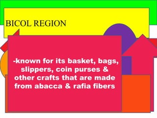 BICOL REGION 
-known for its basket, bags, 
slippers, coin purses & 
other crafts that are made 
from abacca & rafia fibers 
 