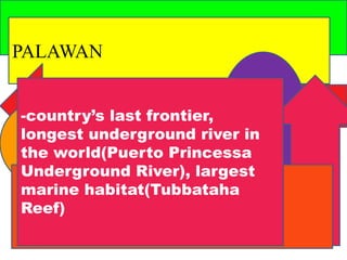 PALAWAN 
-countr y’s last frontier, 
longest underground river in 
the world(Puerto Princessa 
Underground River), largest 
marine habitat(Tubbataha 
Reef) 
 