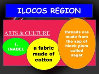 ILOCOS REGION 
ARTS & CULTURE 
1. 
INABEL 
a fabric 
made of 
cotton 
threads are 
made from 
the sap of 
black plum 
called 
sagat 
 