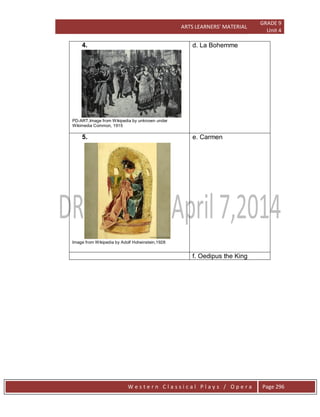 ARTS LEARNERS’ MATERIAL
GRADE 9
Unit 4
W e s t e r n C l a s s i c a l P l a y s / O p e r a Page 296
4.
PD-ART,Image from Wikipedia by unknown under
Wikimedia Common, 1915
d. La Bohemme
5.
Image from Wikipedia by Adolf Hoheinstein,1928
e. Carmen
f. Oedipus the King
 