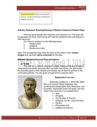 ARTS LEARNERS’ MATERIAL
GRADE 9
Unit 4
W e s t e r n C l a s s i c a l P l a y s / O p e r a Page 316
Activity: Research/ Reading/Viewing of Western Classical Theater Plays
Here are several plays that students must research on. The class will
be grouped into three. Each group will read the assigned story and discuss it
with the group.
You have to research on the following plays:
1. Oedipus Rex
2. Antigone
3. Romeo and Juliet
Note: The scriptwriters may write the texts of the script in their mother
tongue and use their native costumes for the play.
Different Western Classical Plays and Opera
A. Greek:
This time let us read an example of plays, Oedipus Rex and Antigone .
Understand the stories because after you have read these, you will answer
the activities given in this module and choose one of them to perform in the
culminating activity. You are given enough time to read the story
Sophocles-Playwright
Sophocles (sofəkliːz); c. 497/6 BC 406/5
BC) is an ancient Greek tragedian. His
contemporary playwrights were Aeschylus, and
Euripides. Sophocles wrote 123 plays, but only
seven have survived in a complete form:
 Ajax,
 Antigone,
 The Women of Trachis,
 Oedipus( Ee dih - pus) the King,
 Electra,
 Philoctetes and
 Oedipus at Colonus.
 