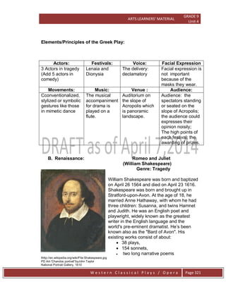 ARTS LEARNERS’ MATERIAL
GRADE 9
Unit 4
W e s t e r n C l a s s i c a l P l a y s / O p e r a Page 321
Elements/Principles of the Greek Play:
Actors: Festivals: Voice: Facial Expression
3 Actors in tragedy
(Add 5 actors in
comedy)
Lenaia and
Dionysia
The delivery:
declamatory
Facial expression is
not important
because of the
masks they wear.
Movements: Music: Venue : Audience:
Cconventionalized,
stylized or symbolic
gestures like those
in mimetic dance
The musical
accompaniment
for drama is
played on a
flute.
Auditorium on
the slope of
Acropolis which
is panoramic
landscape.
Audience: the
spectators standing
or seated on the
slope of Acropolis;
the audience could
expresses their
opinion noisily;
The high points of
each festival: the
awarding of prizes.
B. Renaissance: Romeo and Juliet
(William Shakespeare)
Genre: Tragedy
William Shakespeare was born and baptized
on April 26 1564 and died on April 23 1616.
Shakespeare was born and brought up in
Stratford-upon-Avon. At the age of 18, he
married Anne Hathaway, with whom he had
three children: Susanna, and twins Hamnet
and Judith. He was an English poet and
playwright, widely known as the greatest
writer in the English language and the
world's pre-eminent dramatist. He’s been
known also as the "Bard of Avon". His
existing works consist of about:
 38 plays,
 154 sonnets,
 two long narrative poems
thttp://en.wikipedia.org/wiki/File:Shakespeare.jpg
PD Art-'Chandos portrait‖byJohn Taylor
National Portrait Gallery, 1610
 