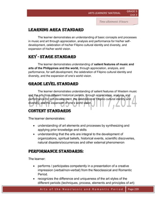 ARTS LEARNERS’ MATERIAL
GRADE 9
Unit 3
A r t s o f t h e N e o c l a s s i c a n d R o m a n t i c P e r i o d Page 239
LEARNING AREA STANDARD
The learner demonstrates an understanding of basic concepts and processes
in music and art through appreciation, analysis and performance for his/her self-
development, celebration of his/her Filipino cultural identity and diversity, and
expansion of his/her world vision.
key - stage STANDARD
The learner demonstrates understanding of salient features of music and
arts of the Philippines and the world, through appreciation, analysis, and
performance, for self-development, the celebration of Filipino cultural identity and
diversity, and the expansion of one’s world vision.
grade level STANDARD
The learner demonstrates understanding of salient features of Western music
and the arts from different historical periods, through appreciation, analysis, and
performance for self-development, the celebration of Filipino cultural identity and
diversity, and the expansion of one’s world vision.
CONTENT STANDARDs
The learner demonstrates:
 understanding of art elements and processes by synthesizing and
applying prior knowledge and skills
 understanding that the arts are integral to the development of
organizations, spiritual beliefs, historical events, scientific discoveries,
natural disasters/occurrences and other external phenomenon
PERFORMANCE STANDARDS:
The learner:
 performs / participates competently in a presentation of a creative
impression (verbal/non-verbal) from the Neoclassical and Romantic
Period.
 recognizes the difference and uniqueness of the art styles of the
different periods (techniques, process, elements and principles of art)
Time allotment: 8 hours
 
