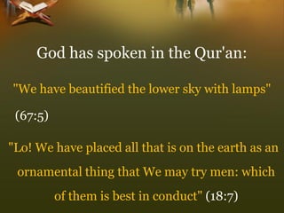 God has spoken in the Qur'an: 
"We have beautified the lower sky with lamps" 
(67:5) 
"Lo! We have placed all that is on the earth as an ornamental thing that We may try men: which of them is best in conduct" (18:7)  