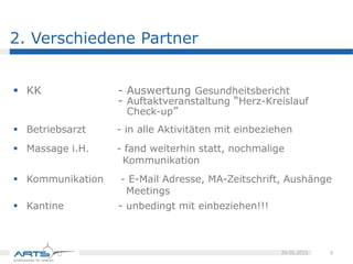  KK
 Auswertung Gesundheitsbericht
 Auftaktveranstaltung “Herz-Kreislauf
 Check-up”
 Betriebsarzt
 in alle Aktivitäten mit einbeziehen
 Massage im Haus
 fand weiterhin statt, nochmalige Kommunikation
 Kommunikation
 E-Mail Adresse, MA-Zeitschrift, Aushänge Meetings
 Kantine
 unbedingt mit einbeziehen!!!
6
27.05.2015Praxisbericht
Verschiedene Partner
 