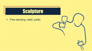 Sculpture
 Free standing, relief, public
 