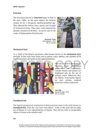 DEPED COPY
ARTS  Quarter I
210
Futurism
The movement known as futurism began in Italy in
the early 1900s. As the name implies, the futurists
created art for a fast-paced, machine-propelled age.
They admired the motion, force, speed, and strength
of mechanical forms. Thus, their works depicted the
dynamic sensation of all these—as can be seen in the
works of Italian painter Gino Severini.
Armored Train
Gino Severini, 1915
Oil on canvas
Mechanical Style
As a result of the futurist movement, what became known as the mechanical style
emerged. In this style, basic forms such as planes, cones, spheres, and cylinders all fit
together precisely and neatly in their appointed places.
This can be seen in the works of
Fernand Léger. Mechanical
parts such as crankshafts,
cylinder blocks, and pistons are
brightened only by the use of
primary colors. Otherwise, they
are lifeless. Even human figures
are mere outlines, rendered
purposely without expression.
The City
Fernand Léger, 1919
Oil on canvas
Nonobjectivism
The logical geometrical conclusion of abstractionism came in the style known as
nonobjectivism. From the very term “non-object,” works in this style did not make
use of figures or even representations of figures. They did not refer to recognizable
objects or forms in the outside world.
All rights reserved. No part of this material may be reproduced or transmitted in any form or by any means -
electronic or mechanical including photocopying without written permission from the DepEd Central Office.
 