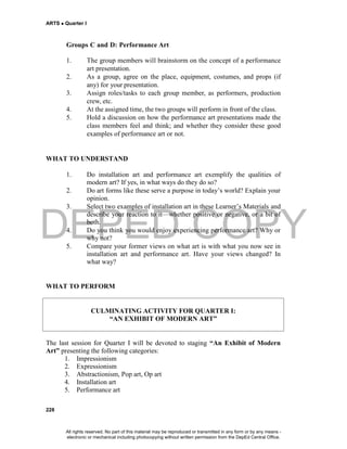 DEPED COPY
ARTS  Quarter I
228
Groups C and D: Performance Art
1. The group members will brainstorm on the concept of a performance
art presentation.
2. As a group, agree on the place, equipment, costumes, and props (if
any) for your presentation.
3. Assign roles/tasks to each group member, as performers, production
crew, etc.
4. At the assigned time, the two groups will perform in front of the class.
5. Hold a discussion on how the performance art presentations made the
class members feel and think; and whether they consider these good
examples of performance art or not.
WHAT TO UNDERSTAND
1. Do installation art and performance art exemplify the qualities of
modern art? If yes, in what ways do they do so?
2. Do art forms like these serve a purpose in today’s world? Explain your
opinion.
3. Select two examples of installation art in these Learner’s Materials and
describe your reaction to it—whether positive or negative, or a bit of
both.
4. Do you think you would enjoy experiencing performance art? Why or
why not?
5. Compare your former views on what art is with what you now see in
installation art and performance art. Have your views changed? In
what way?
WHAT TO PERFORM
CULMINATING ACTIVITY FOR QUARTER I:
“AN EXHIBIT OF MODERN ART”
The last session for Quarter I will be devoted to staging “An Exhibit of Modern
Art” presenting the following categories:
1. Impressionism
2. Expressionism
3. Abstractionism, Pop art, Op art
4. Installation art
5. Performance art
All rights reserved. No part of this material may be reproduced or transmitted in any form or by any means -
electronic or mechanical including photocopying without written permission from the DepEd Central Office.
 