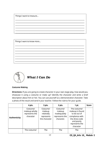 17 CO_Q4_Arts 10_ Module 2
What I Can Do
Costume Making
Directions: If you are going to create character in your own stage play, how would you
showcase it using a costume or make up? Identify the character and write a brief
description about him or her. You can use yourself as a demonstration character. Take
a photo of the result and send it your teacher. Follow the rubrics for your guide.
4 pts. 3 pts. 2 pts. 1 pt. Score
Costume/ Costume/ Costume/ The costume/
makeup wholly makeup makeup makeup is found
represents the relatively inadequately to be out of
Authenticity
character represents
the character
represents the
character.
compliance with
the dress code
and poorly
represents the
character
The costume/ The The The
Things I want to treasure…
Things I want to know more…
 
