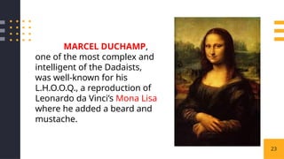 23
MARCEL DUCHAMP,
one of the most complex and
intelligent of the Dadaists,
was well-known for his
L.H.O.O.Q., a reproduction of
Leonardo da Vinci’s Mona Lisa
where he added a beard and
mustache.
 