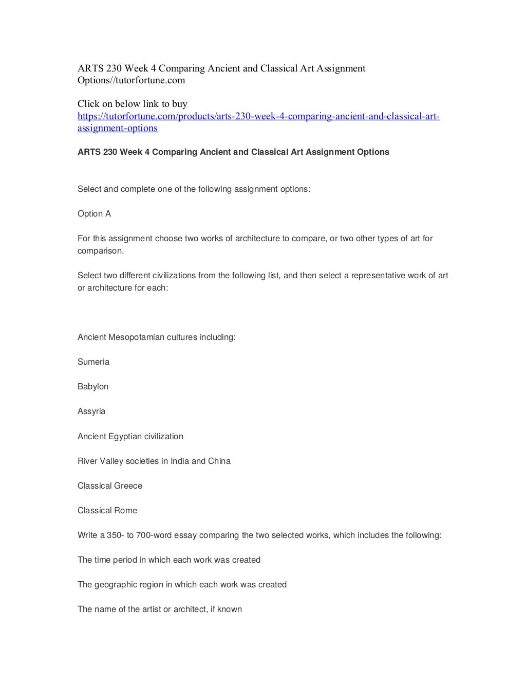 Arts 230 week 4 comparing ancient and classical art assignment options