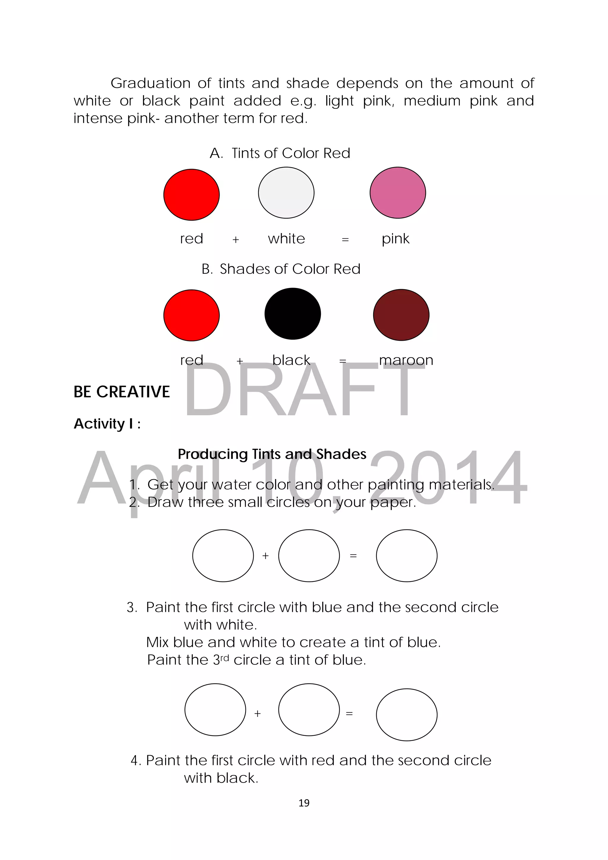DRAFT
April 10, 2014
19 
 
Graduation of tints and shade depends on the amount of
white or black paint added e.g. light pink, medium pink and
intense pink- another term for red.
A. Tints of Color Red
red + white = pink
B. Shades of Color Red
red + black = maroon
BE CREATIVE
Activity I :
Producing Tints and Shades
1. Get your water color and other painting materials.
2. Draw three small circles on your paper.
+ =
3. Paint the first circle with blue and the second circle
with white.
Mix blue and white to create a tint of blue.
Paint the 3rd circle a tint of blue.
+ =
4. Paint the first circle with red and the second circle
with black.
 