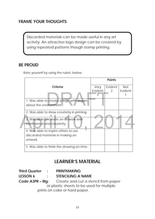 DRAFT
April 10, 2014
17 
 
FRAME YOUR THOUGHTS
 
 
 
 
BE PROUD
Rate yourself by using the rubric below.
Criteria
Points
Very
Evident
3
Evident
2
Not
Evident
1
1. Was able to create a logo with slogan
about the environment.
2. Was able to show creativity in printing.
3. Was able to create an artwork with
confidence and creativity.
4. Was able to inspire others to use
discarded materials in making an
artwork.
5. Was able to finish the drawing on time.
 
LEARNER’S MATERIAL
Third Quarter : PRINTMAKING
LESSON 6 : STENCILING A NAME
Code A3PR – lIIg: Create and cut a stencil from paper
or plastic sheets to be used for multiple
prints on color or hard paper.
Discarded materials can be made useful in any art
activity. An attractive logo design can be created by
using repeated patterns though stamp printing.
 