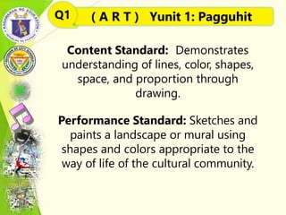 Content Standard: Demonstrates
understanding of lines, color, shapes,
space, and proportion through
drawing.
Performance Standard: Sketches and
paints a landscape or mural using
shapes and colors appropriate to the
way of life of the cultural community.
( A R T ) Yunit 1: Pagguhit
Q1
 
