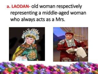 a. LAODAN- old woman respectively
representing a middle-aged woman
who always acts as a Mrs.
 