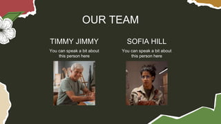 OUR TEAM
TIMMY JIMMY SOFIA HILL
You can speak a bit about
this person here
You can speak a bit about
this person here
 