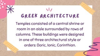 Temples consisted of a central shrine or
room in an aisle surrounded by rows of
columns. These buildings were designed
in one of three architectural style or
orders: Doric, Ionic, Corinthian.
 